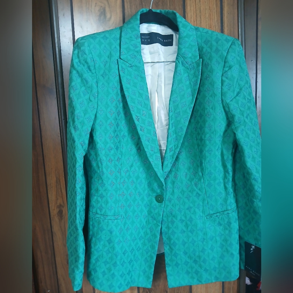 Zara Teal Patterned Single-Button Blazer